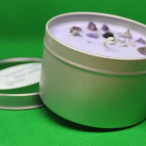 Lavender Soy Candle Tin with Amethyst stones with lavender tinted wax